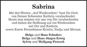 Traueranzeige Sabrina Spanner