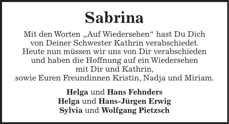 Traueranzeige Sabrina Spanner