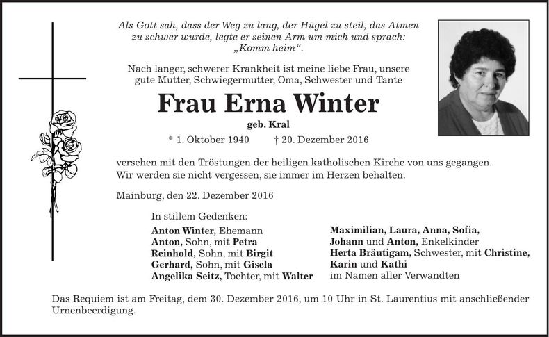 Traueranzeige Erna Winter
