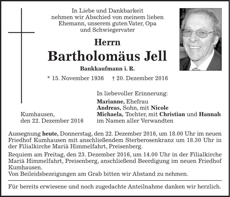 Traueranzeige Bartholomäus Jell