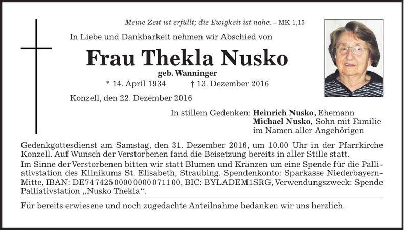 Traueranzeige Thekla Nusko
