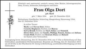 Traueranzeige Olga Dort