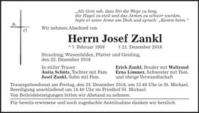 Traueranzeige Josef Zankl