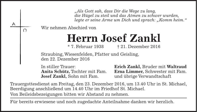 Traueranzeige Josef Zankl