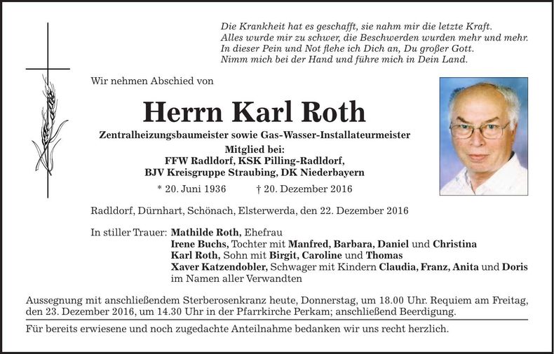 Traueranzeige Karl Roth
