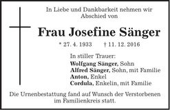 Traueranzeige Josefine Sänger