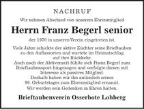 Traueranzeige Franz sen. Begerl