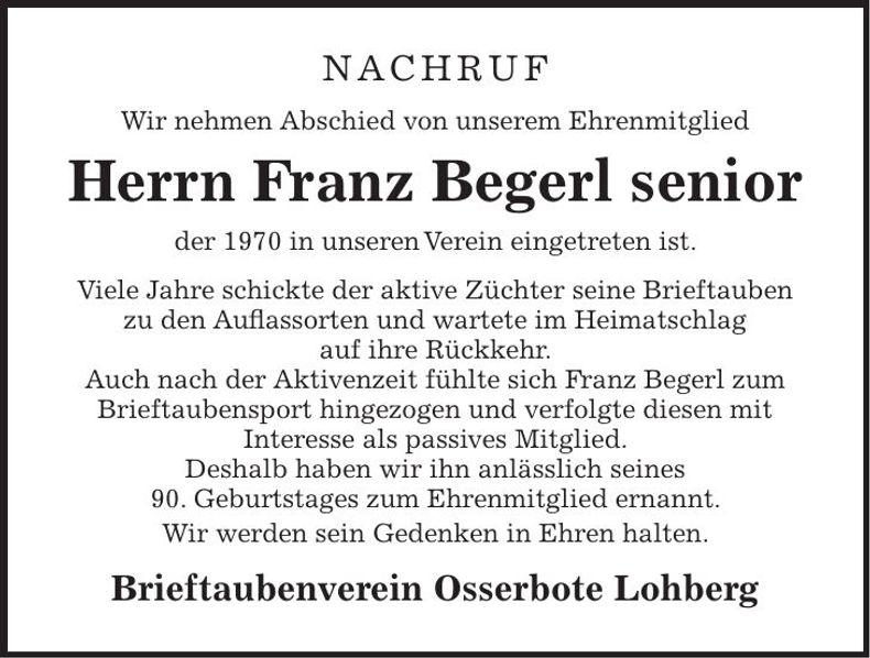 Traueranzeige Franz sen. Begerl
