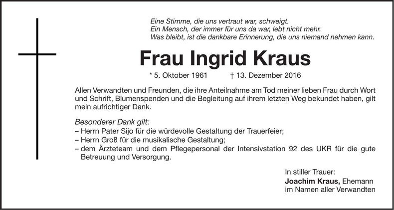 Traueranzeige Ingrid Kraus