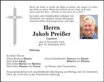 Traueranzeige Jakob Preißer