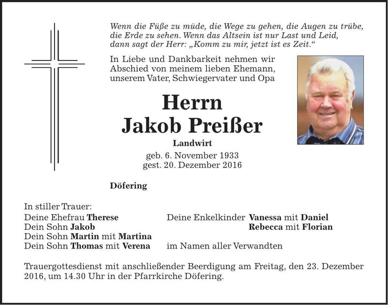 Traueranzeige Jakob Preißer