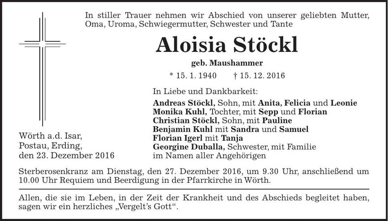 Traueranzeige Aloisia Stöckl