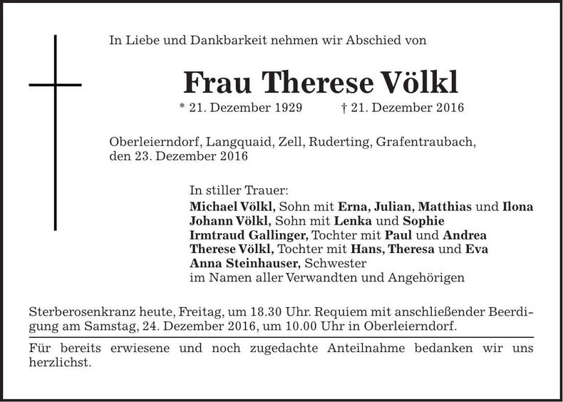 Traueranzeige Therese Völkl