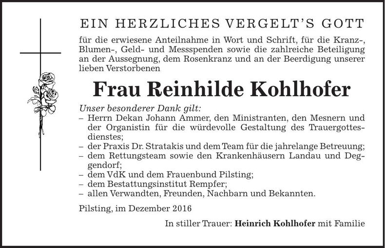 Traueranzeige Reinhilde Kohlhofer