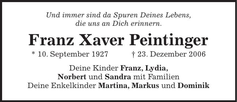 Traueranzeige Franz Xaver Peintinger