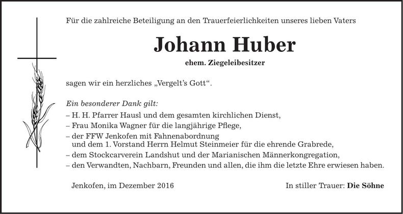 Traueranzeige Johann Huber