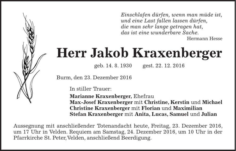 Traueranzeige Jakob Kraxenberger