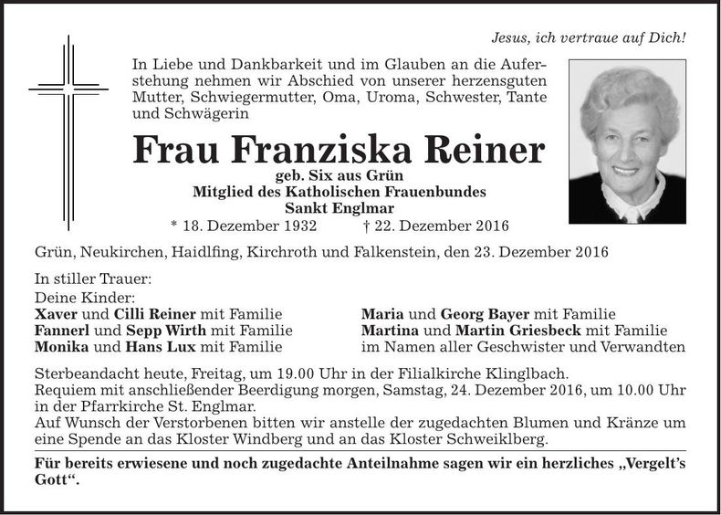 Traueranzeige Franziska Reiner