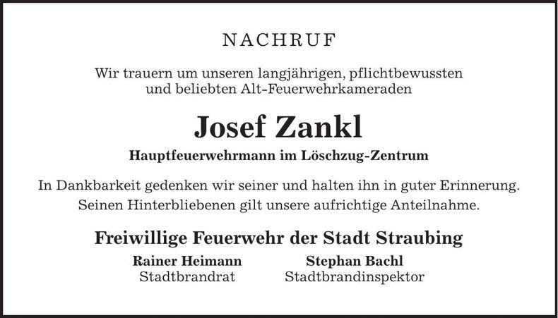 Traueranzeige Josef Zankl