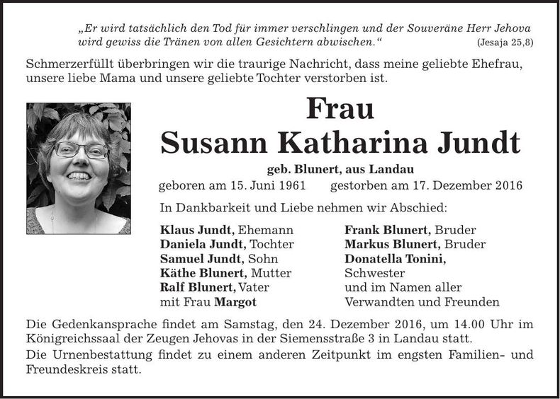 Traueranzeige Susann Katharina Jundt