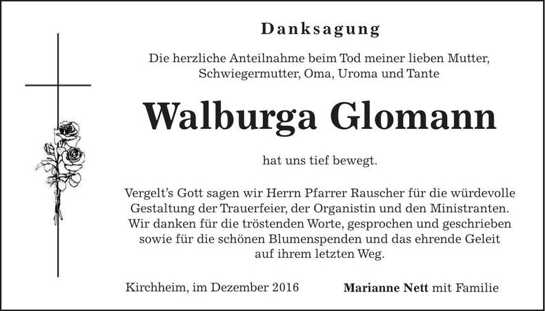 Traueranzeige Walburga Glomann