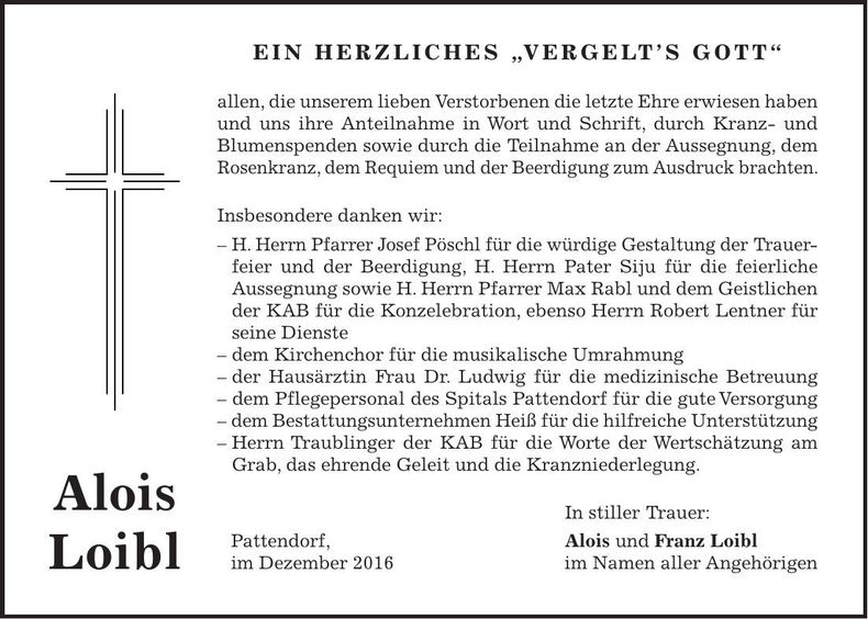 Traueranzeige Alois Loibl