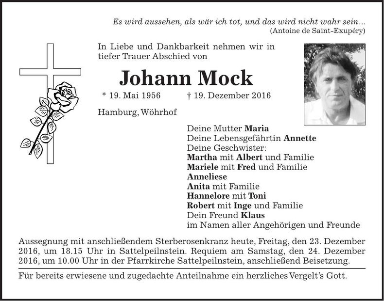 Traueranzeige Johann Mock