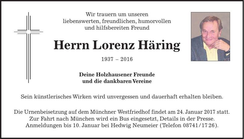 Traueranzeige Lorenz Häring
