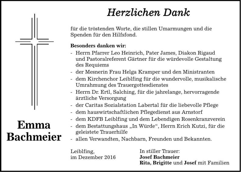 Traueranzeige Emma Bachmeier