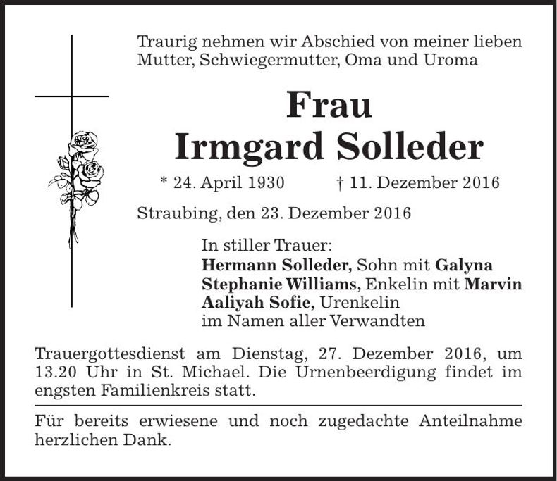 Traueranzeige Irmgard Solleder