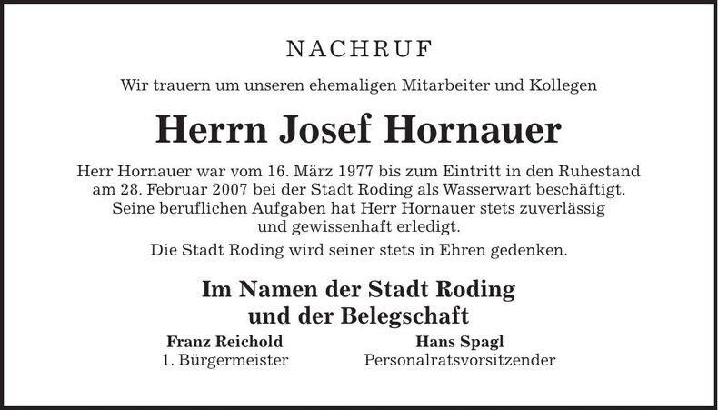 Traueranzeige Josef Hornauer