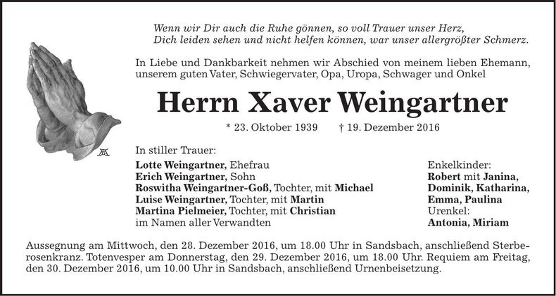 Traueranzeige Xaver Weingartner
