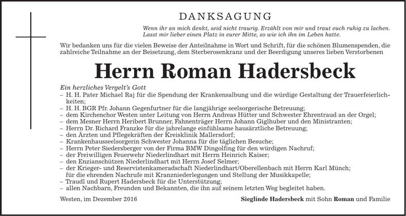 Traueranzeige Roman Hadersbeck