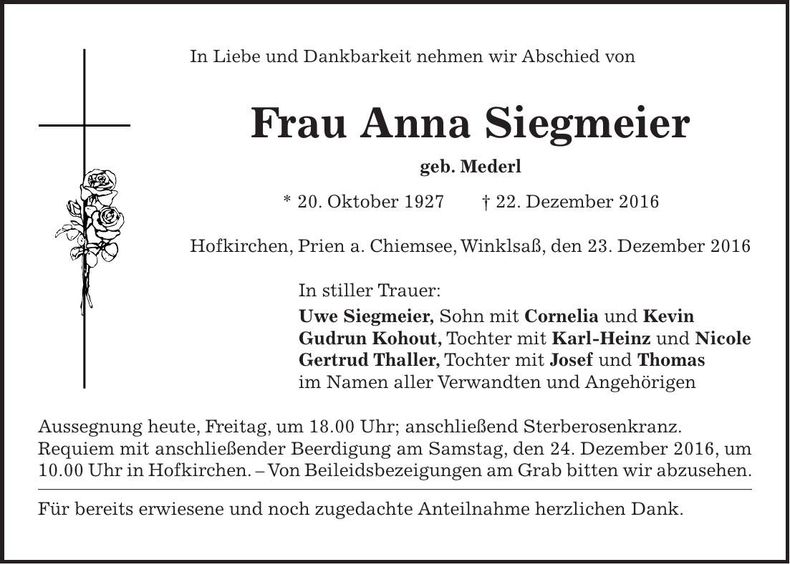 Traueranzeige Anna Siegmeier
