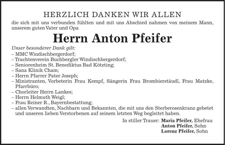 Traueranzeige Anton Pfeifer
