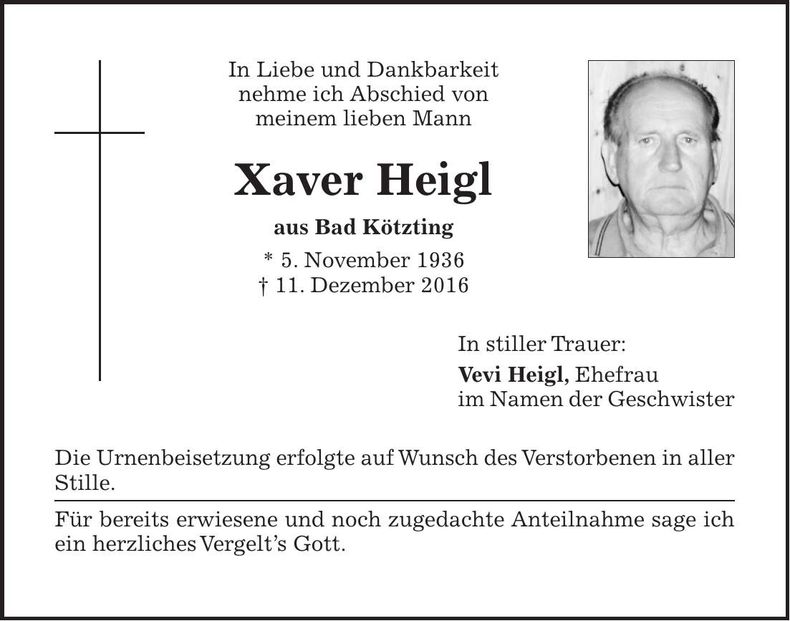 Traueranzeige Xaver Heigl