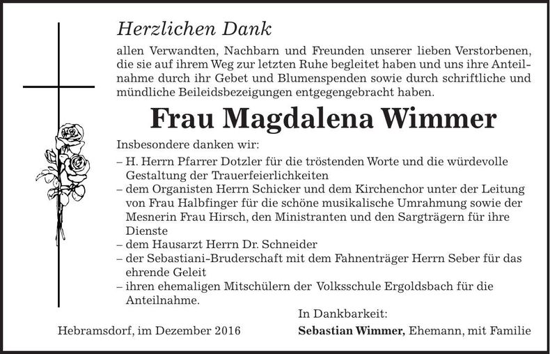 Traueranzeige Magdalena Wimmer