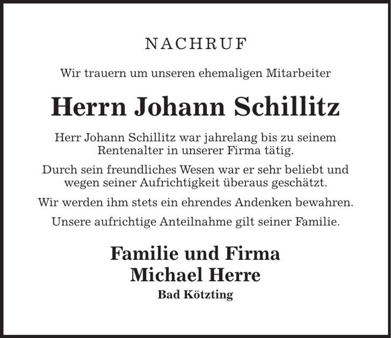 Traueranzeige Johann Schillitz