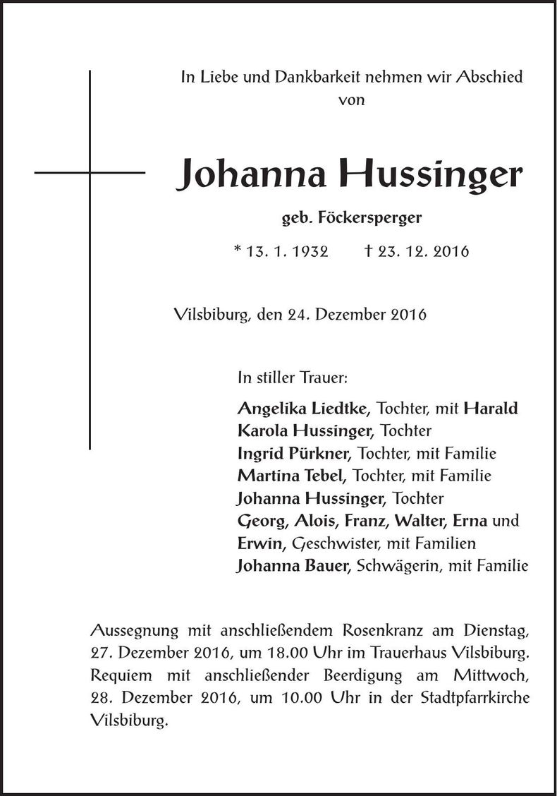 Traueranzeige Johanna Hussinger