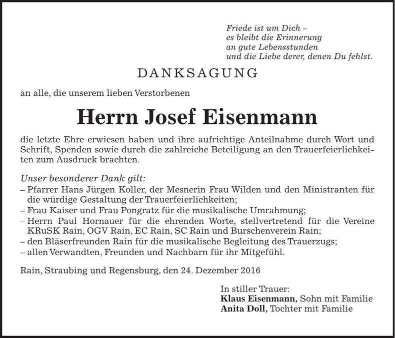 Traueranzeige Josef Eisenmann