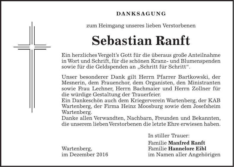 Traueranzeige Sebastian Ranft