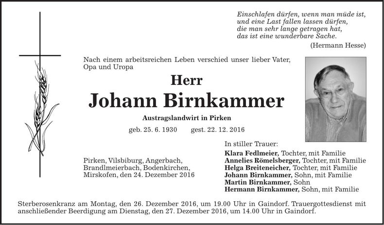 Traueranzeige Johann Birnkammer