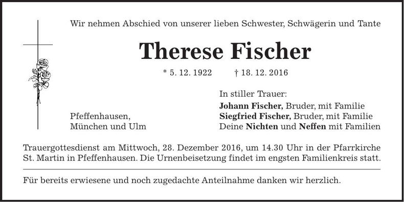 Traueranzeige Therese Fischer