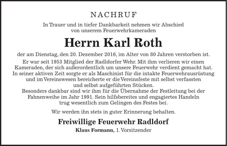 Traueranzeige Karl Roth