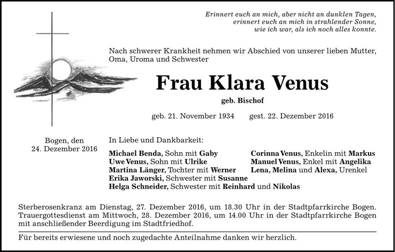 Traueranzeige Klara Venus