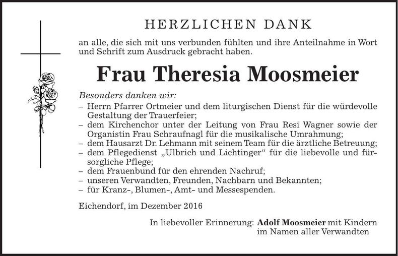Traueranzeige Theresia Moosmeier