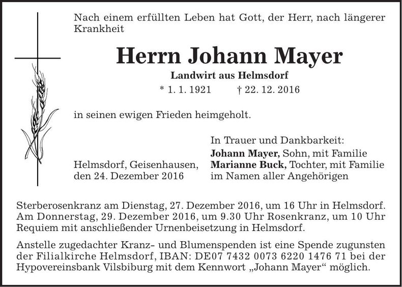 Traueranzeige Johann Mayer