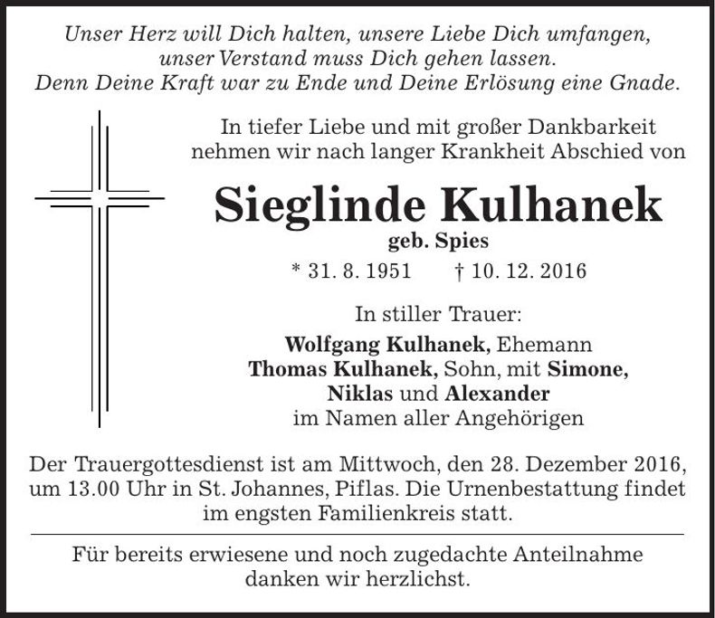 Traueranzeige Sieglinde Kulhanek