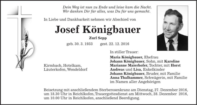 Traueranzeige Josef Königbauer