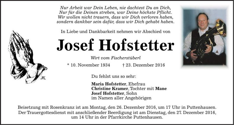 Traueranzeige Josef Hofstetter